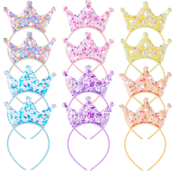Juexica 12 Pack Princess Party Favors Princess Crowns Headband Decorations Glitter Sequin Headband for Birthday Proms Gifts(Multi Colors,Sequin)