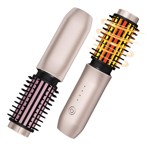 Cordless Hair Curling Iron Brush, Travel Curl Brush, 3-in-1 Portable Curling Iron Cordless, Plasma Thermal Hair Brush, 7000mAh USB Rechargeable Curlings Wand, Mini Hot Curlings Brush-Blush Pink
