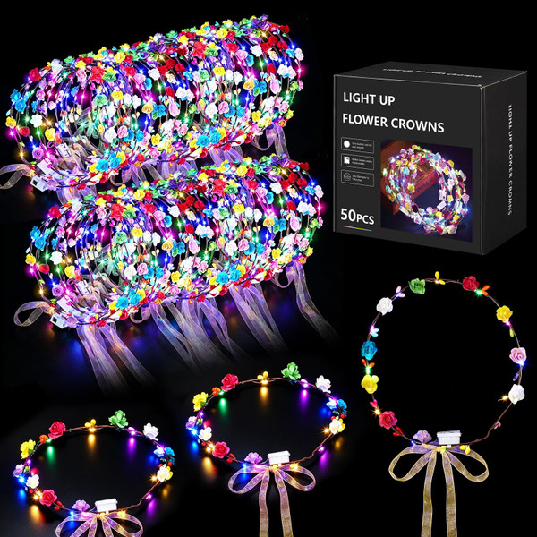 Chicloop 50 PCS LED Flower Crowns Headbands with Ribbons, Light Up Flower Headband for Women, Glow in the Dark Party Supplies for Wedding Birthday Party