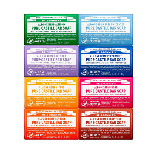 Dr. Bronner's Pure-Castile Bar Soap for Men & Women, 5 oz, Variety 8-Pack