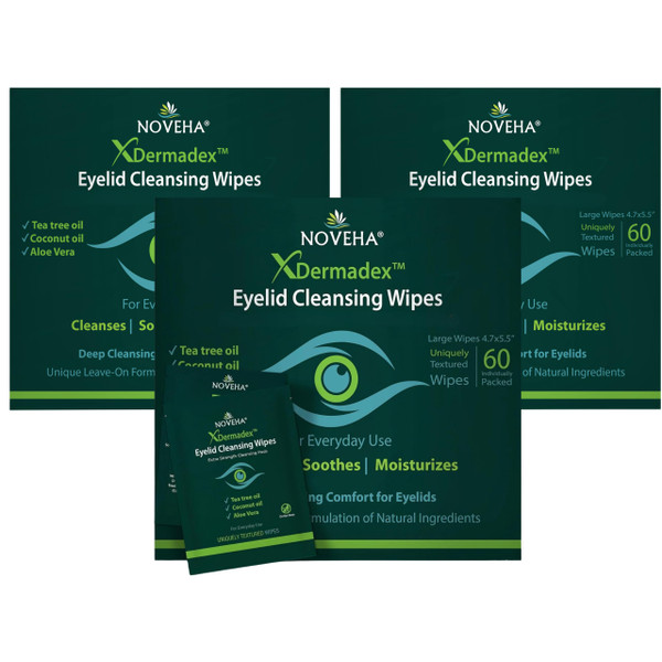NOVEHA Eyelid & Lash Wipes | Box of 60 Individually Wrapped Extra Strength Cleansing Eyelash Wipes - Naturally Remove Debris (Pack of 3)