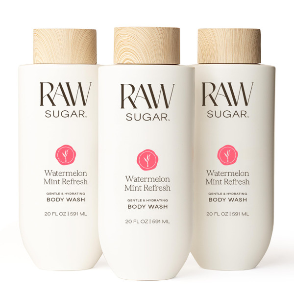 RAW SUGAR Watermelon Mint Refresh Gentle & Hydrating Body Wash, 20 Fl Oz (Pack of 3), Moisturizing & Refreshing Bath & Shower Gel, Vegan, Formulated without SLS/SLES & Parabens
