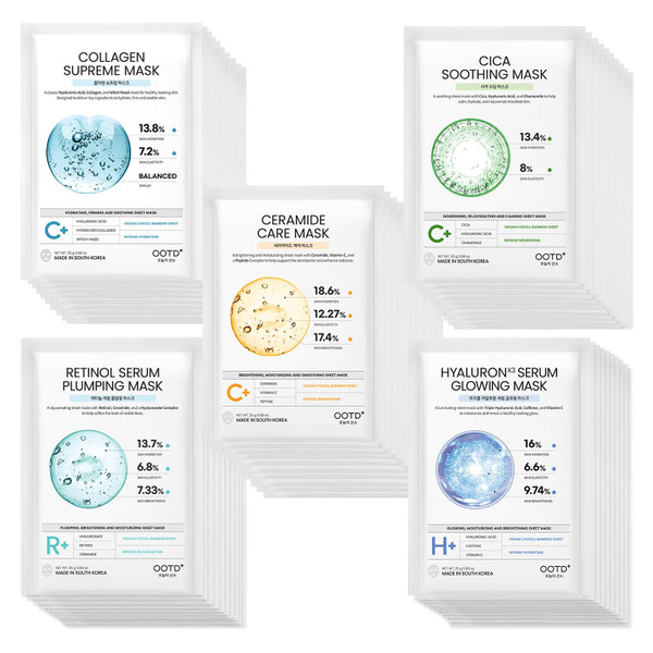 #OOTD 50Combo Vegan Sheet Mask with Collagen,Cica,Ceramide,VitaminC,Retinol