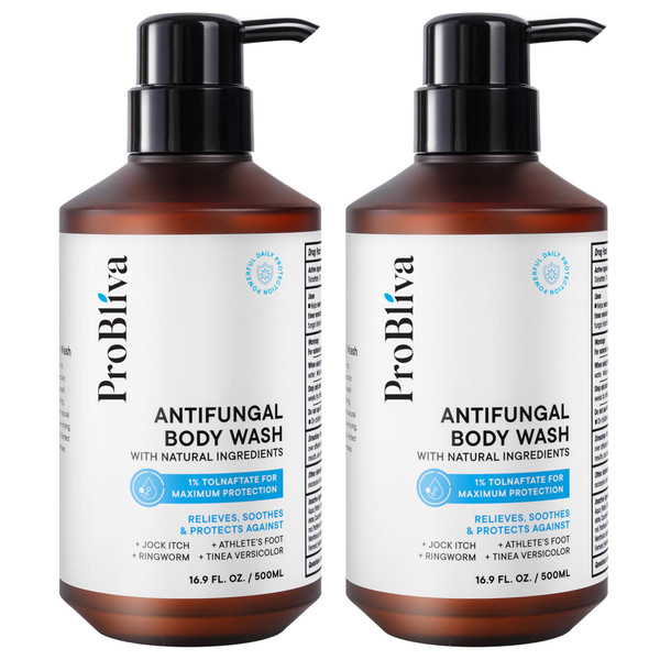 ProBliva Antifungal Body Wash Treatment Soap - Jock Itch, Ringworm, Back Acne, Tinea & Foot Odor – Skin Relief Cleanser Gel with Tea Tree Oil & Tolnaftate for Men and Women (Double Pack)