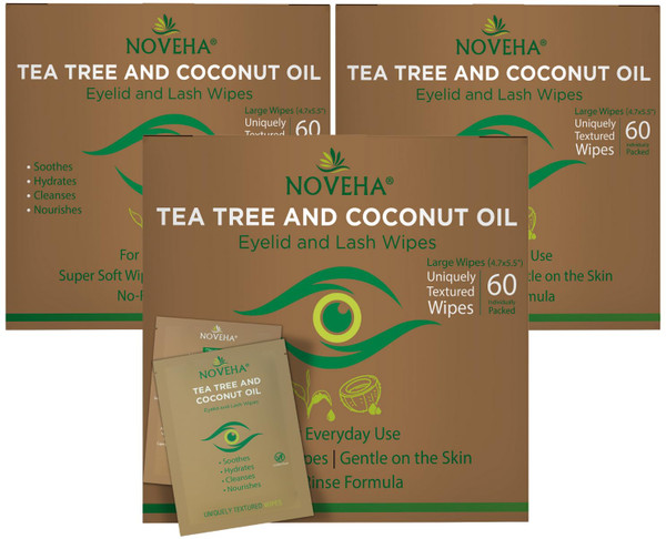NOVEHA 180PCs Tea Tree & Coconut Oil Eyelid & Lash Wipes | For Demodex, Blepharitis & Itchy Eyes - Effective Eyelash Wipes With Aloe Vera, Natural Makeup Remover & Daily Eye Cleanser - (Pack of 3)