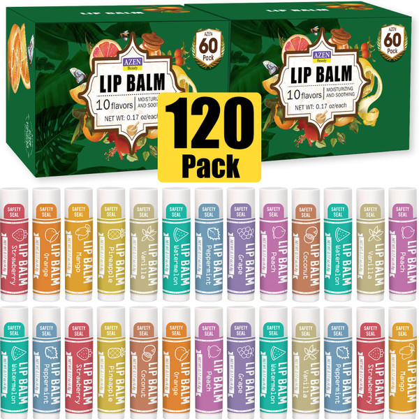 AZEN 120 Pack Lip Balm, Natural Lip Balm Bulk, Lip Care Product, Moisturizing Lip Balms for dry cracked lips - 10 Flavors