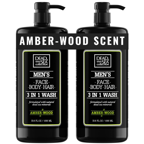 Dead Sea Collection Amber Wood Men’s Body Wash – 3 in 1 Body Wash for Men for Hair, Face & Body – Moisturizing Shower Gel with Dead Sea Minerals – Pack of 2 (33.8 fl oz each)