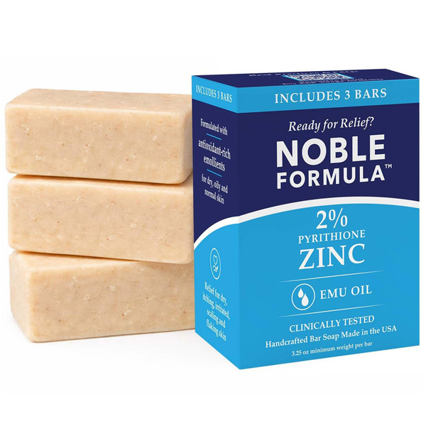 Zinc Pyrithione Soap Bar 2% with Emu Oil, Noble Formula, 3 Bars