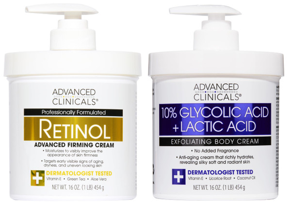 Advanced Clinicals Retinol Body Cream Moisturizer + Exfoliating 10% Glycolic Acid & Lactic Acid Lotion 2PC Skincare Set For Women & Men To Reduce Appearance Of Crepey Skin & Uneven Rough Skin Texture