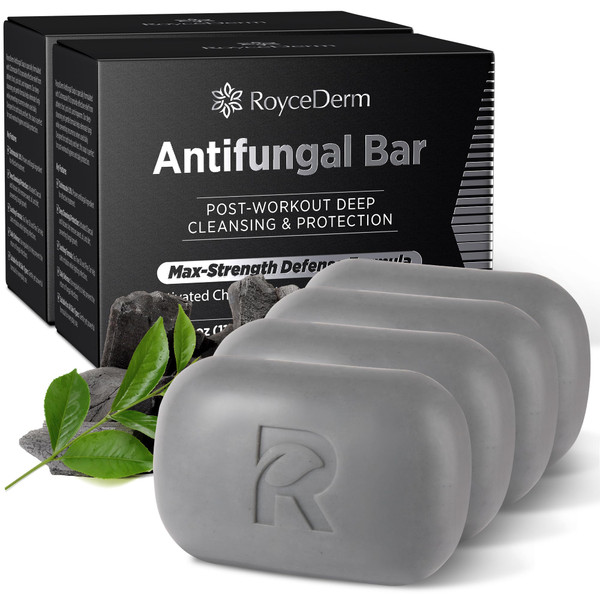 Roycederm Antifungal Soap for Active Skin – Medicated Bar for Athlete’s Foot, Jock Itch, Ringworm with Tea Tree Oil, Charcoal & Volcanic Ash, 4 Pack