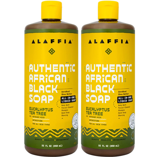 Alaffia Authentic African Black Soap, Eucalyptus Tea Tree 2-Pack, 32 Oz Ea