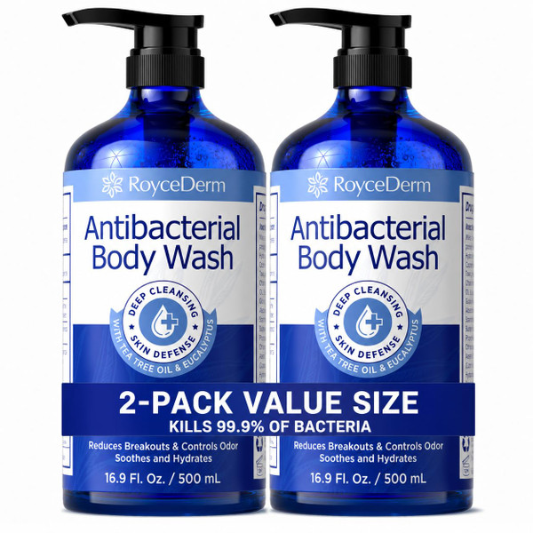 Roycederm Antibacterial & Antifungal Body Wash - Antibacterial Soap for Odor, Back Acne, Jock Itch, Athlete’s Foot & Eczema - Kills 99.9% of Germs & Bacteria - Non-Drying Daily Cleanse (Pack of 2)