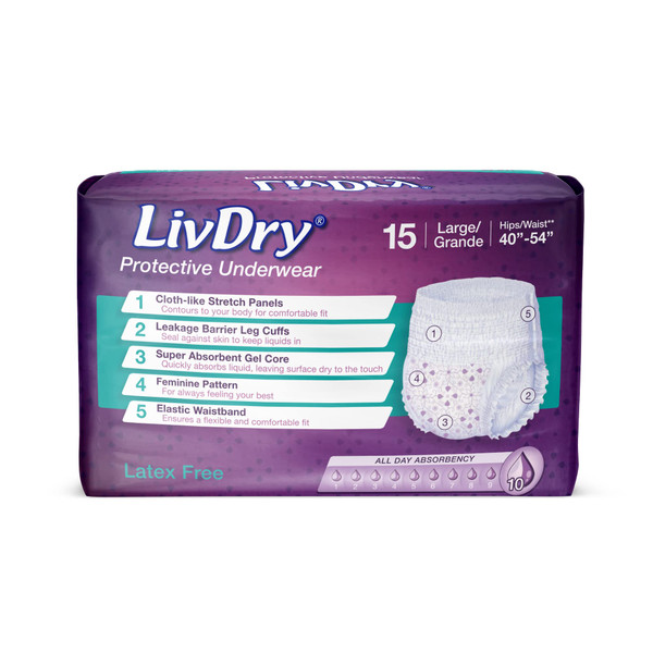 Livdry L Adult Diapers Women Overnight, Ultimate Max Absorbency, All Day or Night Protection, Large (15 Count)