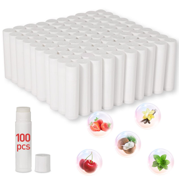 100 Pack Unlabeled Lip Balm, Blank Tube for Custom Labels, 5 Flavors