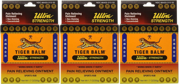 Tiger Balm Pain Relieving Ointment, Sports Ultra, 50g – Professional Size – Sports Rub Ultra Strength – Knee Inflammation Relief – Relief for Hand Arthritis – Tiger Balm Ultra – 3 Pack
