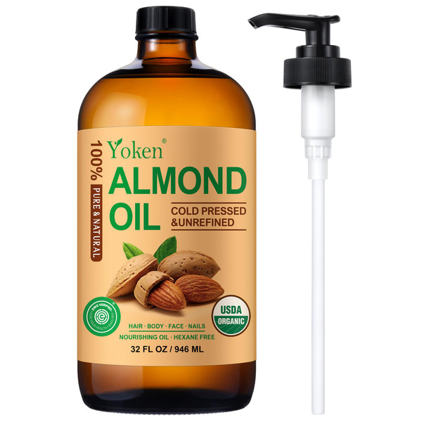 Yoken Organic Almond Oil 32 oz Glass Bottle, Cold Pressed Carrier Oil