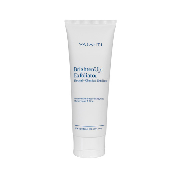VASANTI BrightenUp! Exfoliator (120g) | Physical + Chemical Facial Exfoliator Scrub with Instant Results for Soft, Smooth and Radiant Skin | Enriched with Papaya, Microcrystals and Aloe | 99% Natural