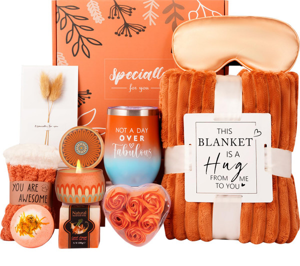 Cozy Fall Gifts Basket for Women,Unique Birthday Gifts for Mom Sister Friend Wife w/Fall Candle,FALL Home Decor,Self Care Get Well Spa Box,Thanksgiving,Halloween Christmas,Fall Decorations