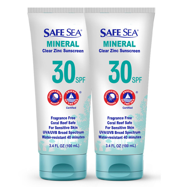 Safe Sea Zinc Oxide Sunscreen SPF30 | Clear Mineral Face And Body Reef Safe Sunscreen Without White Cast | Anti-Jellyfish Sting Protective Lotion | 3.4Oz (100ml) (2 Pack)