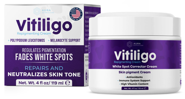 Vitiligo Cream for White Spots (4oz) - Repigmenting Cream with Polypodium Leucotomos and Melanocyte Support - Evens Skin Tone and Reduces Discoloration by Aura Dermacare