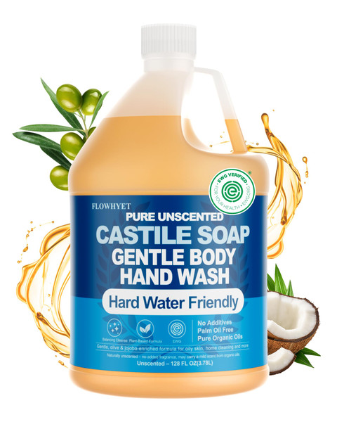 FLOWHYET EWG Verified Pure Castile Soap Liquid Unscented 1 Gallon Refill