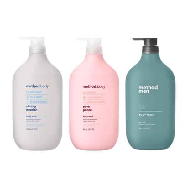 Method Body Wash Trio for Daily Cleansing and Skin Care, Moisturizing Body Wash, Simply Nourish, Pure Peace and Sea and Surf, 18 Fluid Ounce (Variety Pack)
