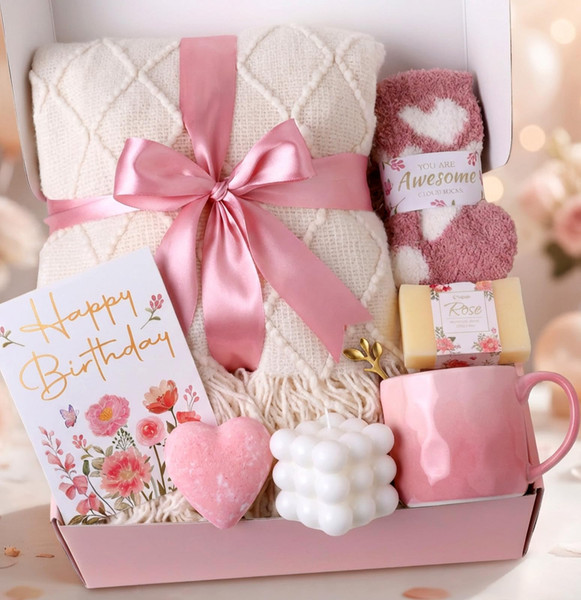 Coralogo 9pcs Birthday Spa Gift Basket with Plush Knit Blanket, Pink Rose