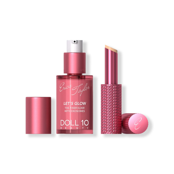 DOLL 10 X Erica Taylor - Let's Glow Duo- Brightening Face Serum + Face & Under Eye Balm Stick - Hydrating Makeup Prep Set for Radiant, Refreshed Skin- Hyaluronic Acid, Niacinamide, NAD- Fair to Medium