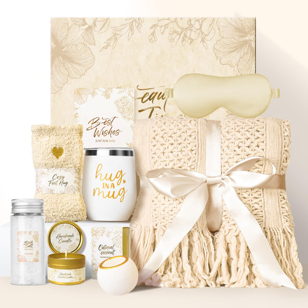 Gift Basket for Women, Self Care Set with Knitted Throw - Care Pkg - Beige
