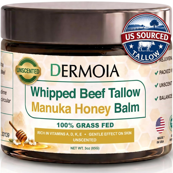DERMOIA Unscented Beef Tallow for Skin, 100% Grass Fed - Whipped Tallow and Honey Balm for Face with Manuka Honey - Hydrating Moisturizer for Dry, Sensitive & Eczema Prone Skin, Kids - USA Made, 3 Oz