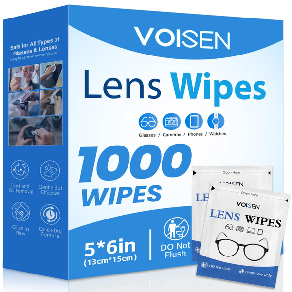 VOISEN Lens Wipes for Eyeglasses,1000 Pack Eye Glasses Cleaner Wipes,Pre-Moistened Individually Wrapped Lens Wipes,Non-Scratching Non-Streaking,Safe for Eyeglasses, Goggles, Camera Lens, Phone