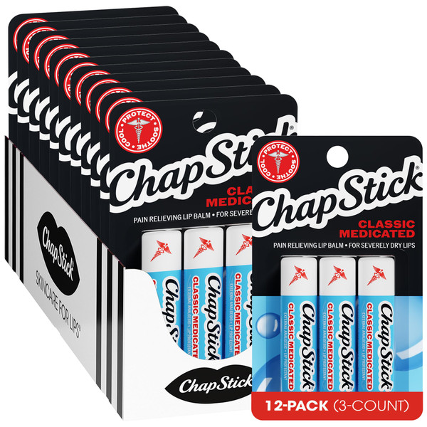 ChapStick Bulk Classic Medicated Lip Balm 12-Pack (36 Sticks), 0.15 Oz Ea