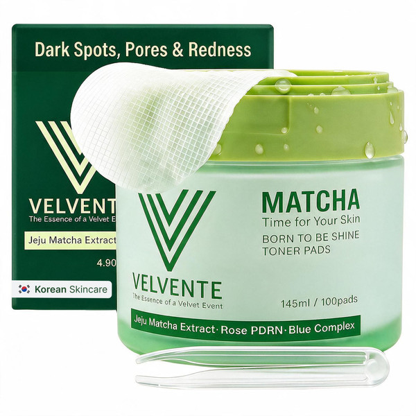 VELVENTE Matcha PDRN Korean Toner Pads, Dark Spots, Pores & Redness, Vegan