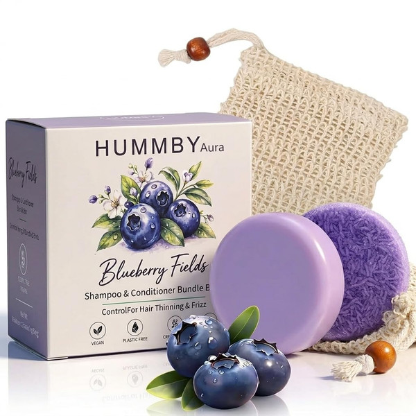 Blue berry Fields Shampoo & Conditioner Bundle Bars, for Hair Thinning, Frizz (1Set)