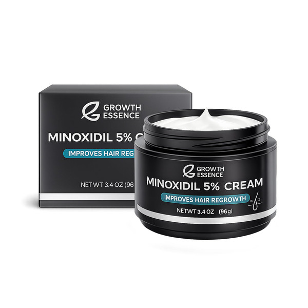 Growth Essence Minoxidil 5% Cream with Biotin, Caffeine & Hyaluronic Acid – Topical Cream Format for Hairline & Beard – Fragrance Free – 3.4 oz