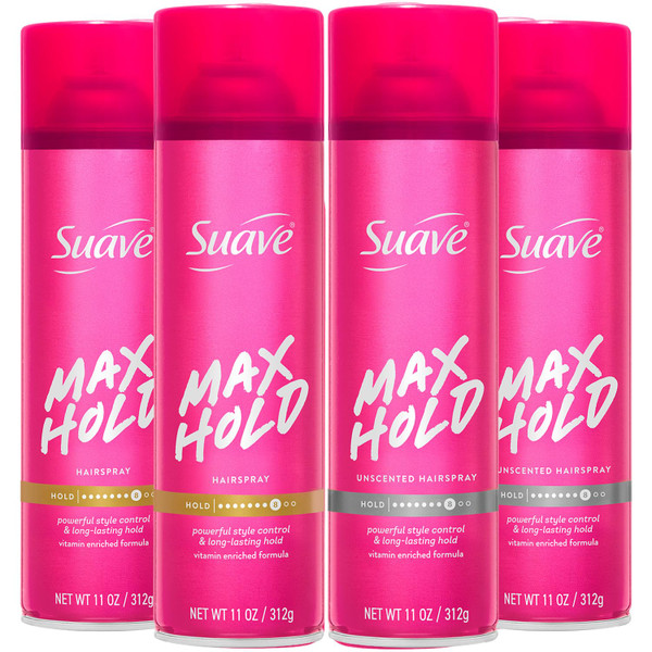 Suave Max Hold Hairspray, Scented & Unscented 4-Pack, 11 Oz Ea