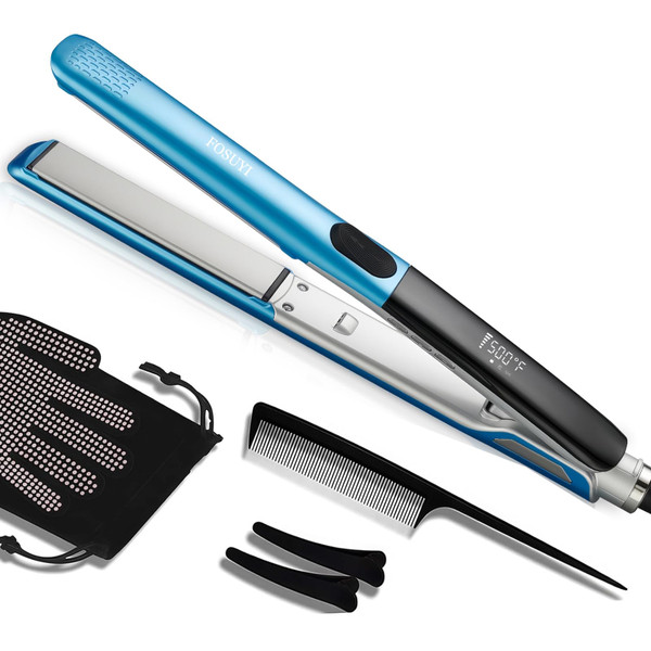 FOSUYI 500 Degree High Temp Professional Hair Straightener, 30s Fast Heating Ceramic 2 in 1 Flat Iron, Negative Ion Straightener & Curler for Frizz-Free Hair, Dual Voltage Travel Styling Tool, 1 Inch
