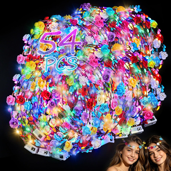 54 PCS LED Flower Crown Headbands,Glow in the Dark Party Supplies
