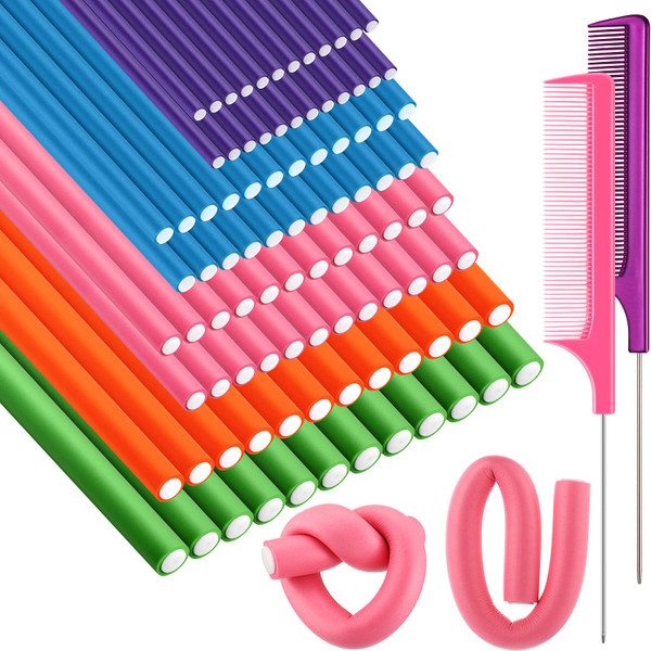 Tigeen 96 Pieces Flexible Curling Rods 9.45 Inch Soft Twist Foam Hair Curling Rollers No Heat Hair Rods Rollers with 2 Pieces Rat Tail Comb(Multi Size,Multi Color)