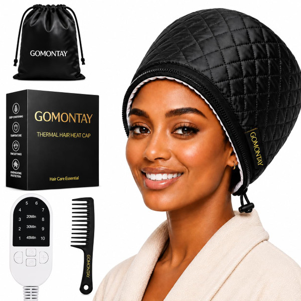 GOMONTAY Heated Hair Cap for Deep Conditioning, Thermal Heat Cap with Adjustable Heat & Timer, Hair Steamer Cap for 4C Natural Hair