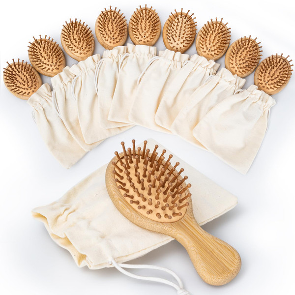 10 Pack Mini Bamboo Hair Brush Set for Bridesmaid Proposal Boxes - 5.5" Small Wooden Hair Brush Bulk with Linen Bags - Blank Wood Surface for DIY Wedding Favors & Bridal Shower Gifts