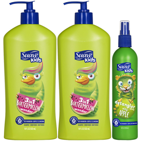 Suave Kids 3-in-1 Watermelon Wonder 2-Pack + Silly Apple Detangler Spray