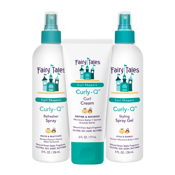 Fairy Tales Curly Q Kids Curly Hair Styling Products Set – Curl Cream, Curl Refresher & Curl Styling Spray Gel - Green Apple Scent, Phthalate, Paraben, Gluten Free, 3 Count