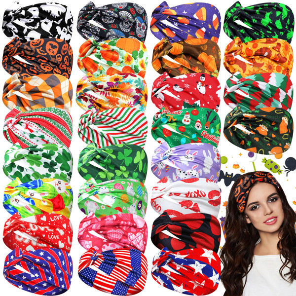 XunYee 28 Pcs Halloween Holiday Headbands Women Fall Wide Twist Headbands