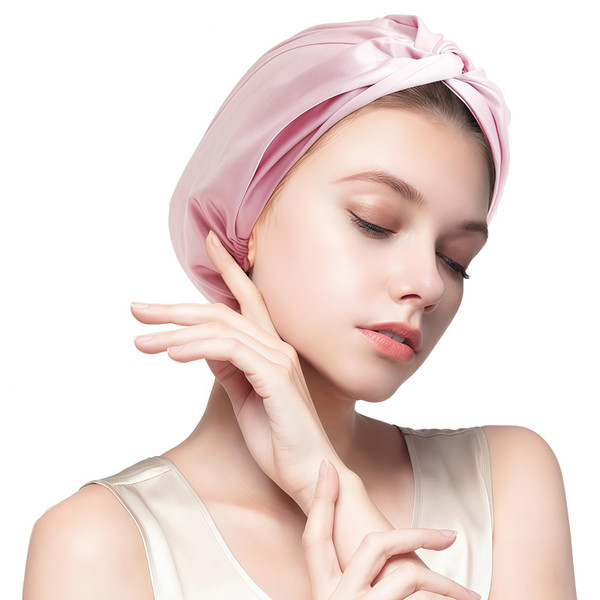 MISF 100% Mulberry Silk Bonnet for Sleeping Women, 22 Momme Double-Layer Silk Hair Wrap with Adjustable Wide Band, Stay-On Night Cap for Curly Hair, Reduce Frizz & Breakage (Fits 21"-25"), Pink