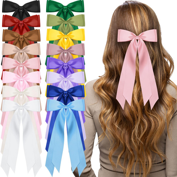 Mimorou 16 Pcs Satin Hair Bows for Women Girls Bulk Long Hair Bow Clips