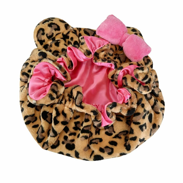 Cute Cat Ear Luxury Leopard Satin Sleep Bonnet for Women-Adjustable strap, Soft Plush Esxterior, Pink Satin Lining, Anti-Frizz Hair Protection for Curly, Natural and braided hair