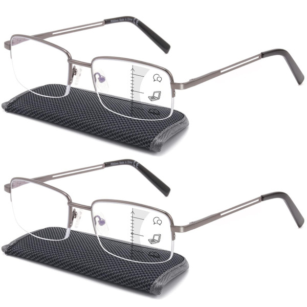 SKYOAK Premium 2 PACK Durable Progressive Multifocus Reading Glasses for Men Blue Light Blocking Computer Reader Anti Eyestrain Metal Frame Spring Hinges (for Mid-Near Range approx 3ft) 2.5 Gunmetal