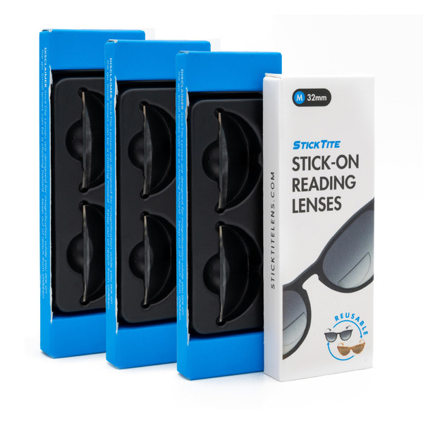 StickTite Lenses Medium 32mm (3-Pack) - Stick-on bifocal lenses - Instantly convert sunglasses into magnified, bifocal sunglasses. Reusable lenses (Clear (3-Pairs), 3, Diopters)