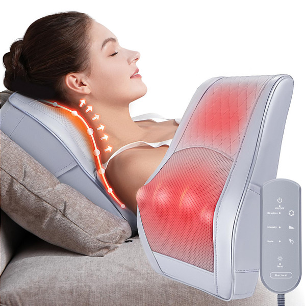 Boriwat Back Massager with Heat, 3D Kneading Massage Pillow for Back, Neck, Shoulder, Leg Pain Relief Deep Tissue, Gifts for Women Men Mom Dad(Light Gray)